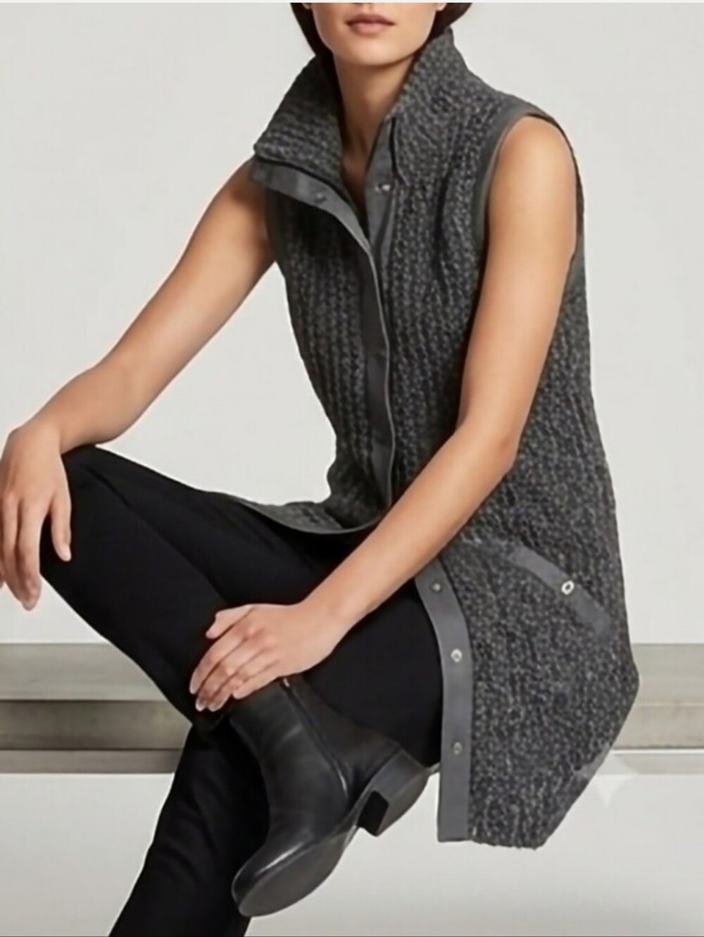 WHBM Sleeveless Ribbed Knit Long Vest - Gray